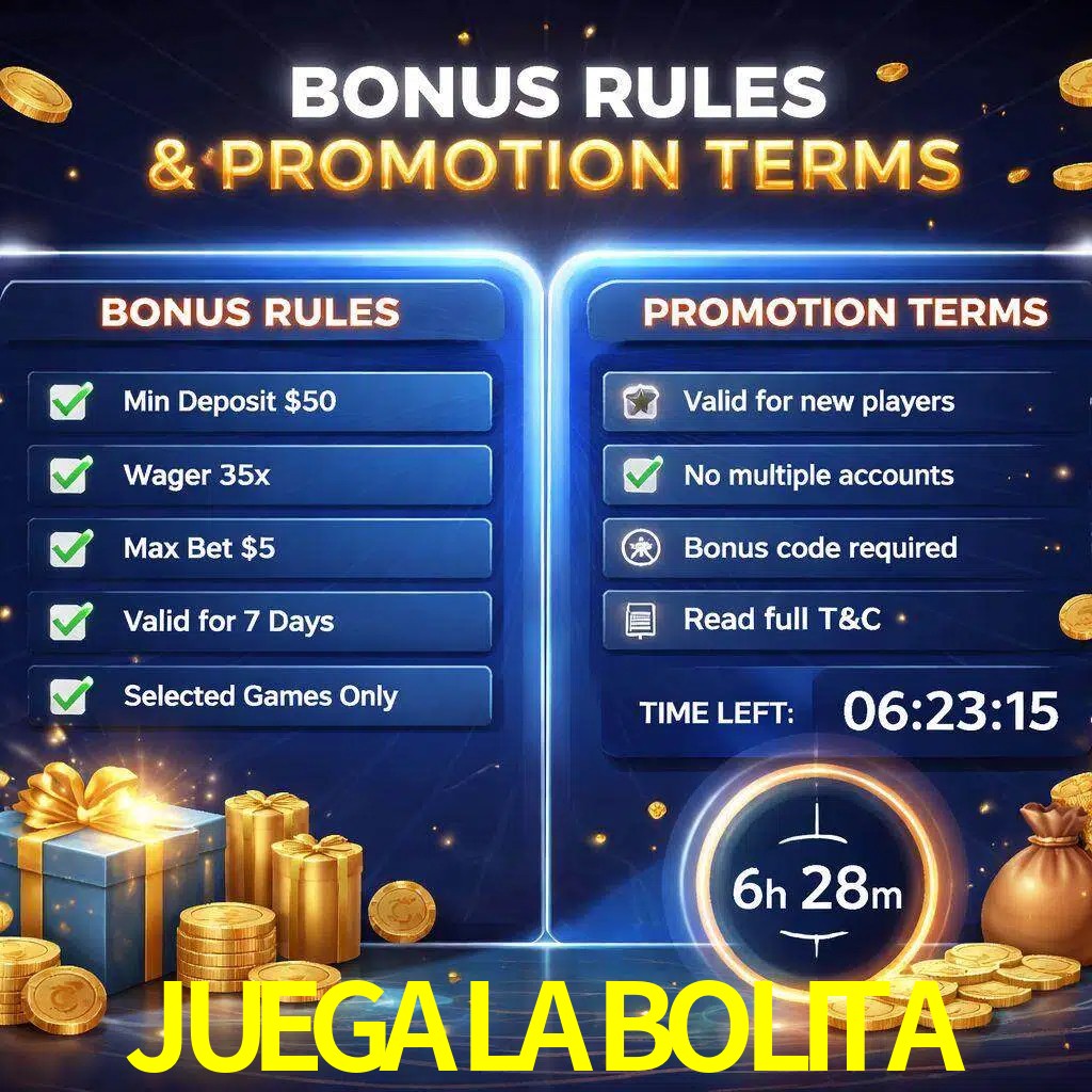 Reglas de promoción JUEGALABOLITA y condiciones de bonos explicadas visualmente