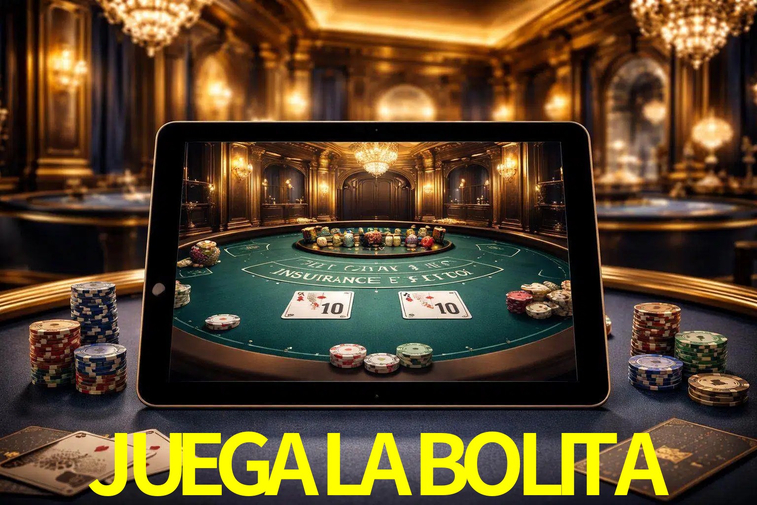 Configuración moderna de casino en vivo con una tableta mostrando una mesa de blackjack, luces cálidas de estudio y una atmósfera elegante de juegos digitales.